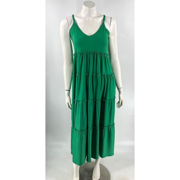 Zenana V Neck Cami Maxi Tiered Dress Stretch Side Pockets Kelly Green Womens NEW - Picture 4 of 8